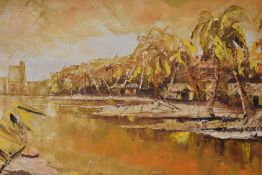 Artist unknown, 20th Century expressive landscape painting, an eastern scene, with palm trees and
