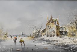 Anton VAN DEN HOEVEN (Dutch b1940) set of three oil paintings, 'Canal View', 'Frozen In' and 'Winter