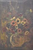 A 20th century oil on oak panel, naive still life study, vase of flowers, within a broad moulded