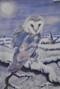 Artist unknown, pair of contemporary colour prints depicting owls in snowy landscapes, within