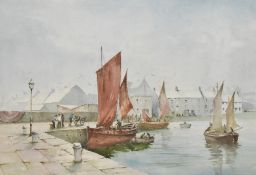 Artist unknown, 20th century English school watercolour, harbour scene within peach card mount, gilt