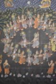 A large Indian/Mughal painting on material, laid down on board, depicting wedding celebrations