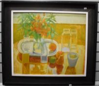 An attractive 20th century oil on board, still life study, an arrangement of flowers, fruits and