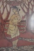 Two decorative Indonesian Batiks, depicting a female fruit gatherer, with basket balanced upon her