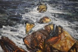 A mid-late 20th century oil on board, rocky coastal scene, unsigned, marked in ink John Higgins