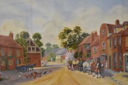 E Marshall (British 20th century) oil on board, bygone street scene, unsigned within a card mount