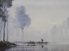 Roger Charles Desoutter (British 1923-2020) colour print depicting a lone boatman in marshy