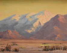 Edith Abigail Purer (American 1895-1990) oil on board, 'Desert Sunset', a mountain landscape