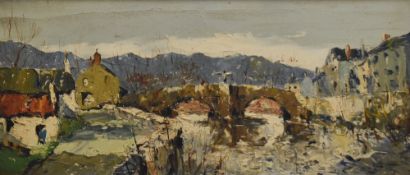 Charles Wyatt Warren (British 1908-1993) expressive landscape, with buildings and bridge across a