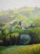 A large mid-late 20th century oil on board, lush green landscape scene, unsigned, within a slender