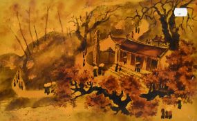 Artist unknown, oriental school painting on board, depicting a landscape with blossom trees, temple