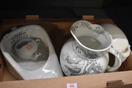 A vintage slipper bed pan, a Doulton Burslem water jug AF and a cream chamberpot.