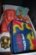 A replica plaster Egyptian death mask, four glass candle holders, a thermos snack pack sandwich