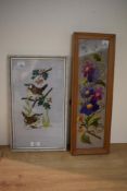 Two embroideries one depicting garden birds 38cm x 23cm and the other a floral spray 47cm x 16cm