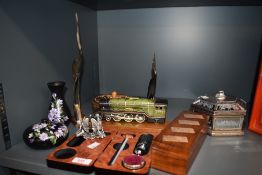 A mixed lot containing a pair of mid-century heron figures, largest h20cm, a carved wooden lidded
