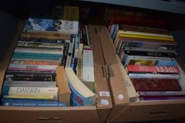 Two cartons of assorted reading material including H is for Hawk-Helen Macdonald, Joyce-Ulysses-