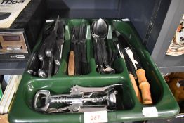 A collection of assorted flatware including a set of six feux wooden handled steak knives etc.