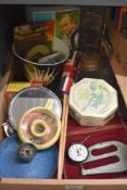 A miscellaneous selection of items including a brass kettle, a BUSMC .01mm-1/2' dial gauge, a