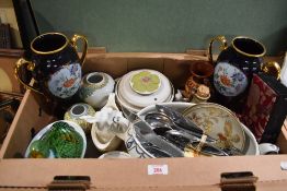 A Denby 'Troubadour' pattern tureen, a pair of Limoges navy blue and floral urn style vases and a