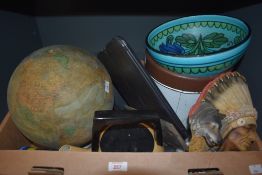 A Neil J Rose 'Wolf Call' wall plaque, an Easyhold LED make up mirror, a vintage globe AF and kettle