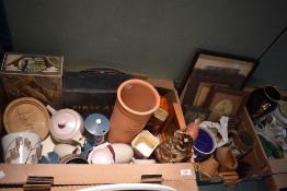 Two cartons of assorted items including a terracotta Vin Kylare, a Poole Pottery planter and small