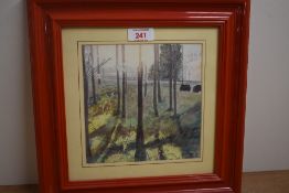 A 20th century watercolour of a woodland forest the morning sun shining through the tree's ,