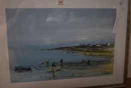 After Philippe Dubois Gouache (1926) coloured print, Fishing on Foot, framed and glazed, 52cm x
