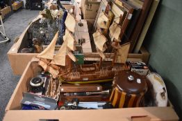 A miscellaneous selection of items including a wooden tall ships model and smaller sailing boat,