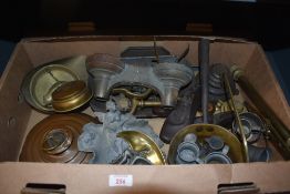 A carton of assorted pewter and brass including weights in a variety of sizes from 1lb-1/2oz,
