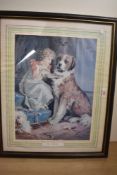 A glazed and framed print 'Who done it' small girl with dog