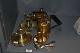 A vintage brass Blaydon blow torch, sold along with a brass chamber stick, two plated chamber sticks