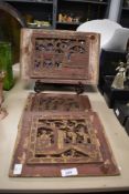 Three vintage hand carved lacquered gilt wood panels depicting biblical scenes, two measuring 25cm x
