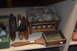 A vintage oak church collection's tray sold together with a embroidered footstool and weaving