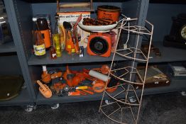 A vintage 5 tier metal pan stand, h83cm, sold together with many various kitchen utensils, to
