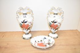 A pair of James Kent Old Foley Eastern Glory pattern vases and matching dish