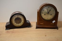 An early 20th century Gustav Becker style 8 day mahogany mantel clock, h25cm, sold together with a