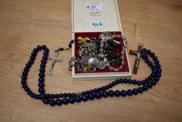 A lapis lazuli bead necklace, along with white metal moonstone bracelet and a small collection of