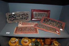 A group of 19th century wooden Chinese plaques, each carved with traditional figural scenes, ( 6 ).