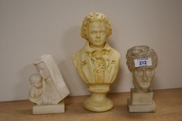 A group of three vintage ceramic busts including Beethoven measuring 22cm tall, no apparent markings