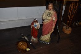 A plaster cast sculpture of Jesus Christ sacred heart, h63cm, sold together with another Jesus