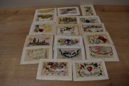 A collection of World War 1 silks post cards, some reading 'To My Dear Mother' and 'From Your Loving