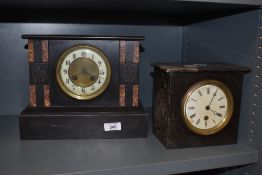 A 19th century black slate mantel clock of square form having enamelled dial with two winding holes,
