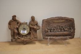 A vintage hand carved mountable wall clock depicting a peasant man and woman sold alongside a hand