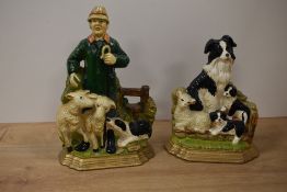 Two modern cast and painted metal agricultural themed fireside ornaments, shepherd and sheep &