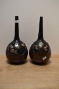 A pair of bottle vases decorated having hand painted birds and blossoms, impressed marks Brethy