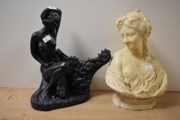 A neo-classical style sculpture of a female bust on plinth base, h32cm, sold together with a Art
