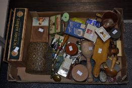A miscellaneous selection of items including pins, badges trinket dishes and a brass tankard etc.