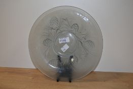 An early 20th century Art Deco style Joblings frosted glass dish, having fir cone decoration, w24cm