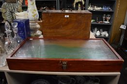A glass top jewellery display case, L78cm, sold together with a plywood box ( empty ).