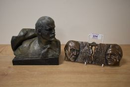 A patinated metal bust of Vladimir Lenin measuring 15cm x 17cm sold alongside a patinated metal wall
